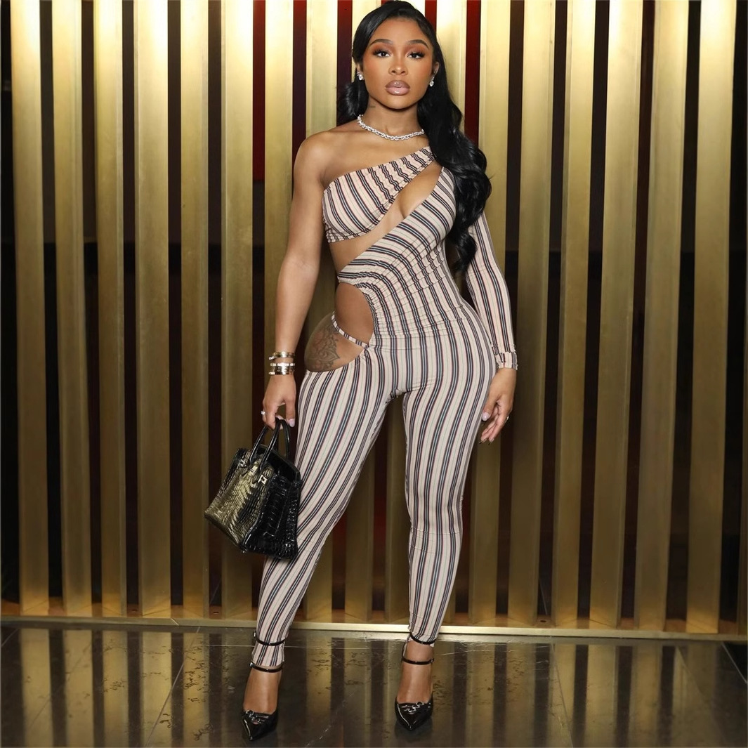 Designer T Shirt Autumn New Foreign Trade European And American Elastic Striped Slim Sexy Hot Girl Hollow Out Jumpsuit Essentials Summer Dress