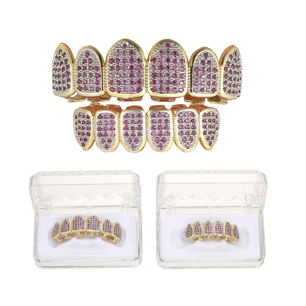 Vampire hip hop gold tooth set rose red micro set Moissanite gold plated Grillz hip hop gold tooth set moissanite