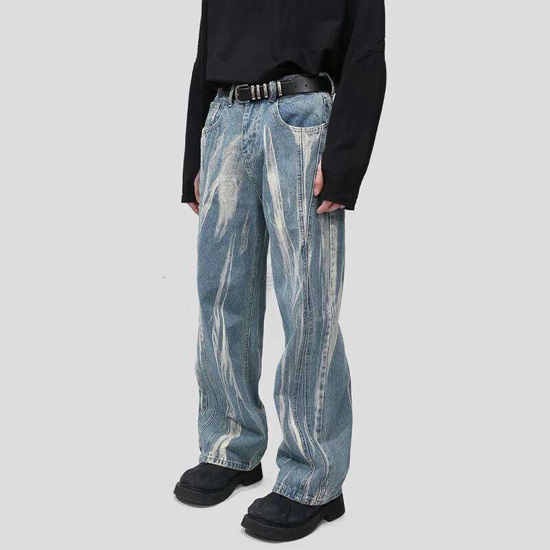 IEFB Korean Style Men's Denim Pants Tie Dye Washing New Contrast Color Casual Trousers Wide Leg Loose Male Jeans Summer 9W2482