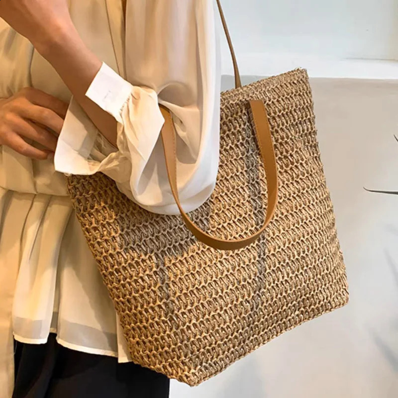 Summer Beach Bag Large Capacity Tote Shoulder Bag Women Handmade Woven Straw Rattan Reusable Eco-Friendly Bohemian Stylish Grass 250530