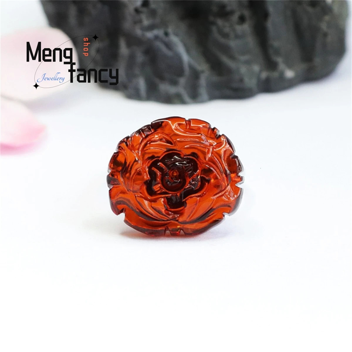Natural S925 Inlaid Blood Pur Water Purification Amber Peony Ring Simple Generous Fashion Retro Women Fine Jewelry Gift 250526