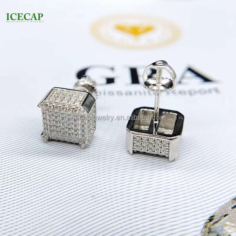 Fashion Jewelry Square Diamond Stud Earrings Ice Moissanite Silver Earrings for Men Women