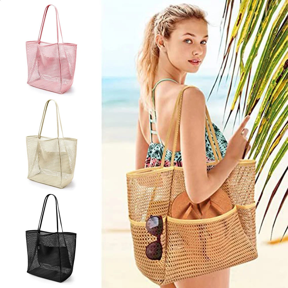 Beach Bag Mesh Tote Bag for Travel Pool Family Beach Vacation Cruise Essentials Organizer Storage Bags 250530