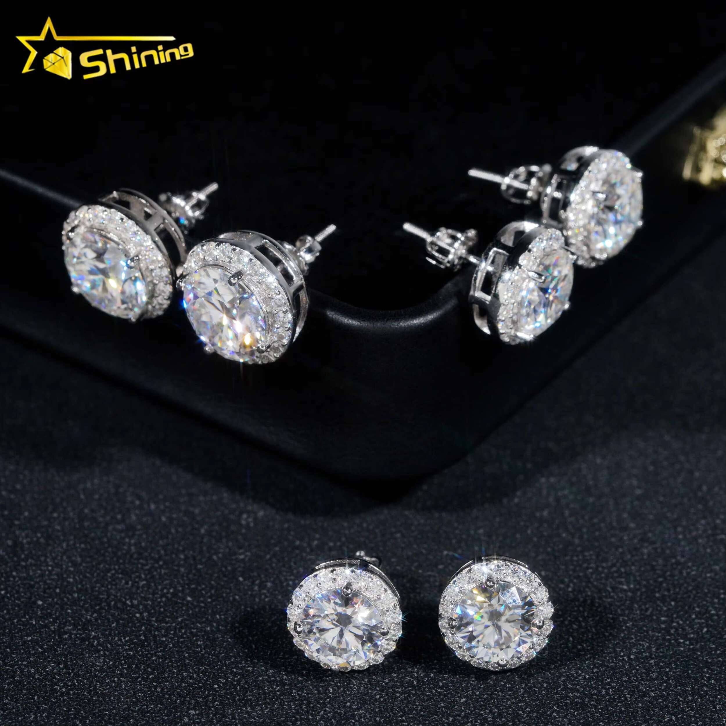 Hot Selling Hip Hop Style 6.5MM 8MM 9MM 925 Silver Halo Design Moissanite Diamond Stud Earrings