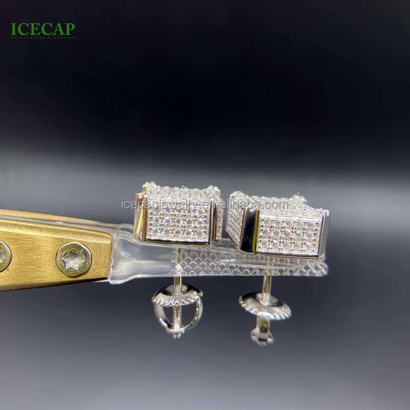 Fashion Jewelry Square Diamond Stud Earrings Ice Moissanite Silver Earrings for Men Women