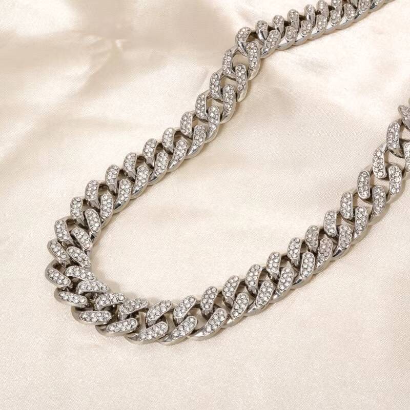 Hip hop Jewelry Plated Iced CZ Pin Necklace Cuban Chain 12mm White Gold Sier Fashion