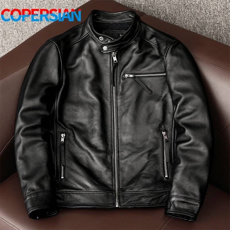 New Trendy Pure Top Layer Soft Cowhide Genuine Men's Slim-Fit Stand-Up Collar Leather Jacket Coat