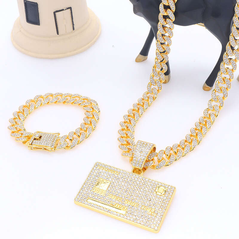 Hip Hop Bank Card Rectangular Alphabet Number Pendant Full Dia Cuban Necklace Men's Jewelry Set
