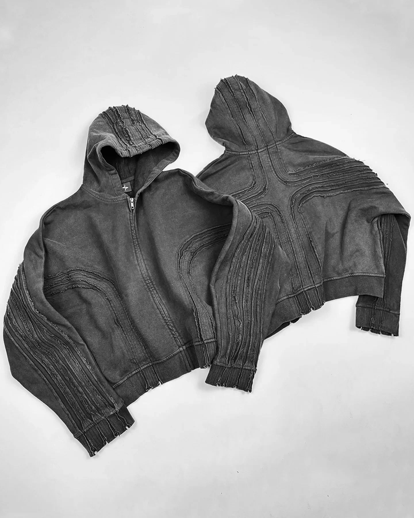 America Vintage Cross Patchwork Hoodie Tear Hole Fashion Gothic Punk Zip Up Jacket Men Washed Hip Hop Workwear Y2k Clothes 250529