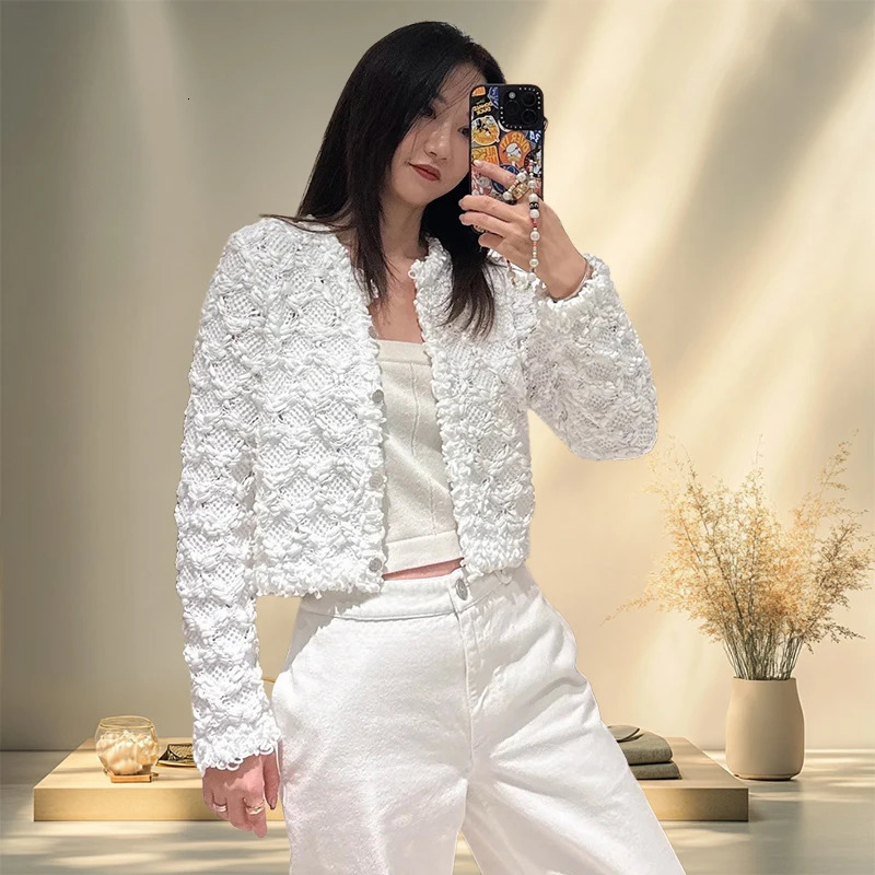 25 Tweed Style Stereo Woven Crochet Cardigan White Moonlight Straight Slim Short Womens Jacket 250530