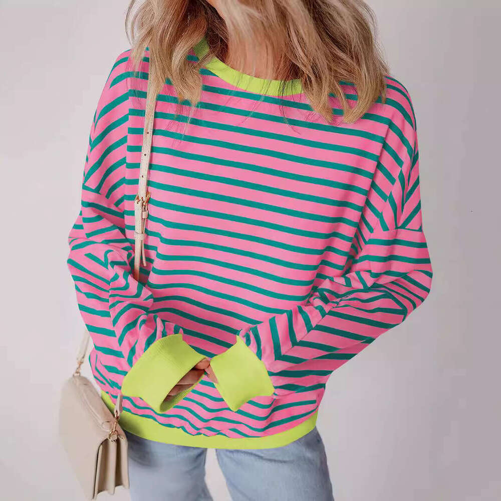 Autumn Winter New Striped Crewneck Sweatshirt for Women Versatile Warm Pullover Long Sleeve Top
