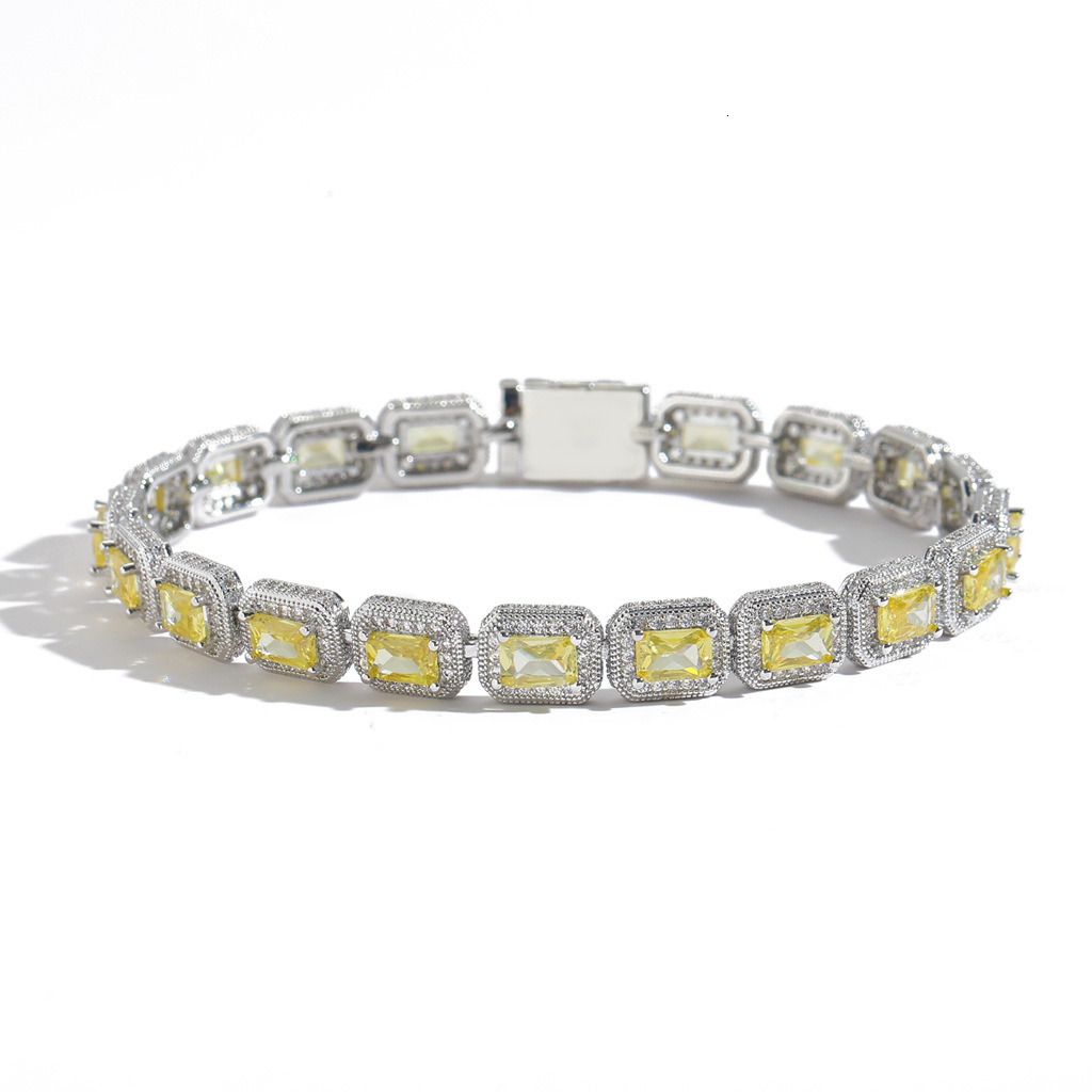 8mm Yellow Moissanite Square Rock Candy Chain Hip-Hop Bracelet T Square Moissanite Niche Trendy Mens Hip-Hop Jewelry moissanite