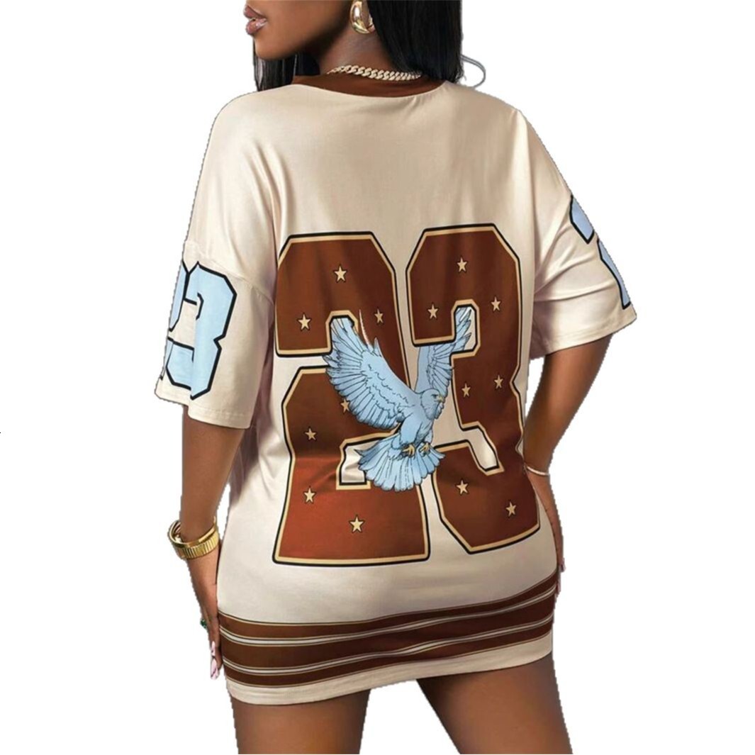 Designer T Shirt Summer Cross Border Trade Hot Selling Unique American Style Number Print V Neck Loose Short Sleeve Dress Essentials Summer Dress