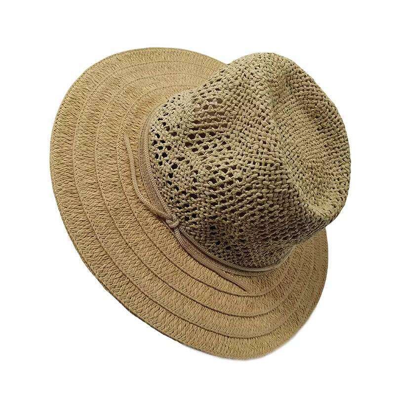 Women Ladies Outdoor Vacation Wide Brim Summer Natural Flower Pattern Woven Handmade Beach Hollow Out Crochet Boater Straw Hat