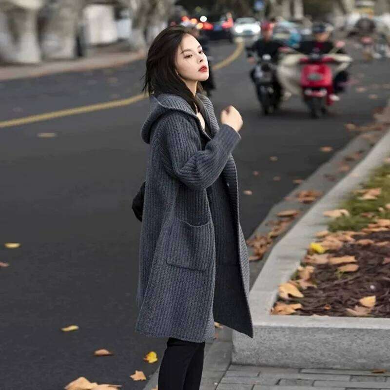 European Hooded Cardigan Women's Mid-Length 100% Cashmere Autumn And Winter Loose High-End Lazy Wind Sweater Coat