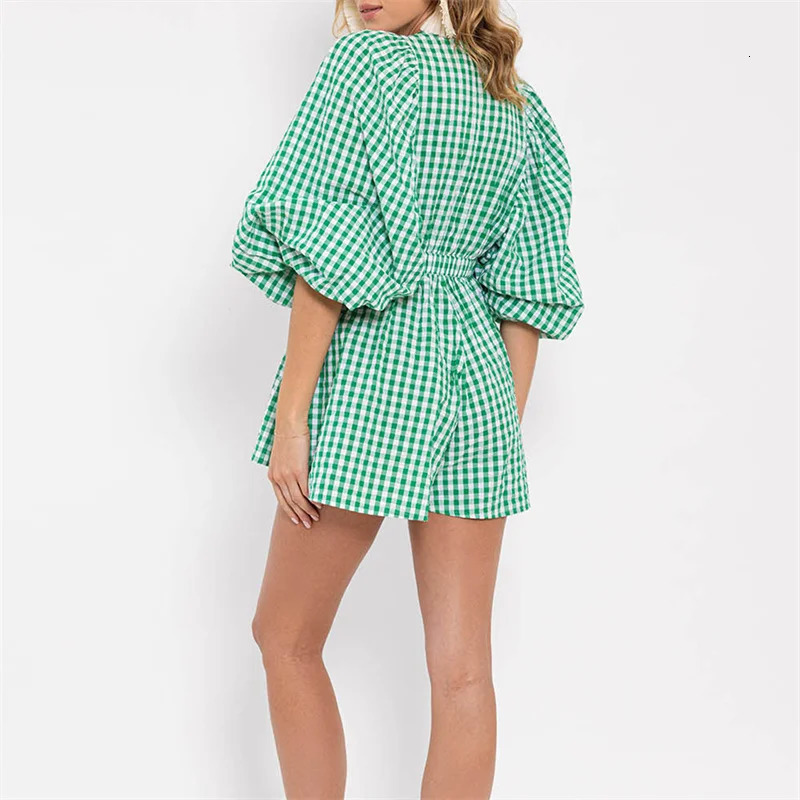 Lamuusaa Women Playsuit y2k Clothes Solid Color/Plaid Print V Neck Bubble Sleeve High Waist Short Jumpsuit Romper Streetwear 250528