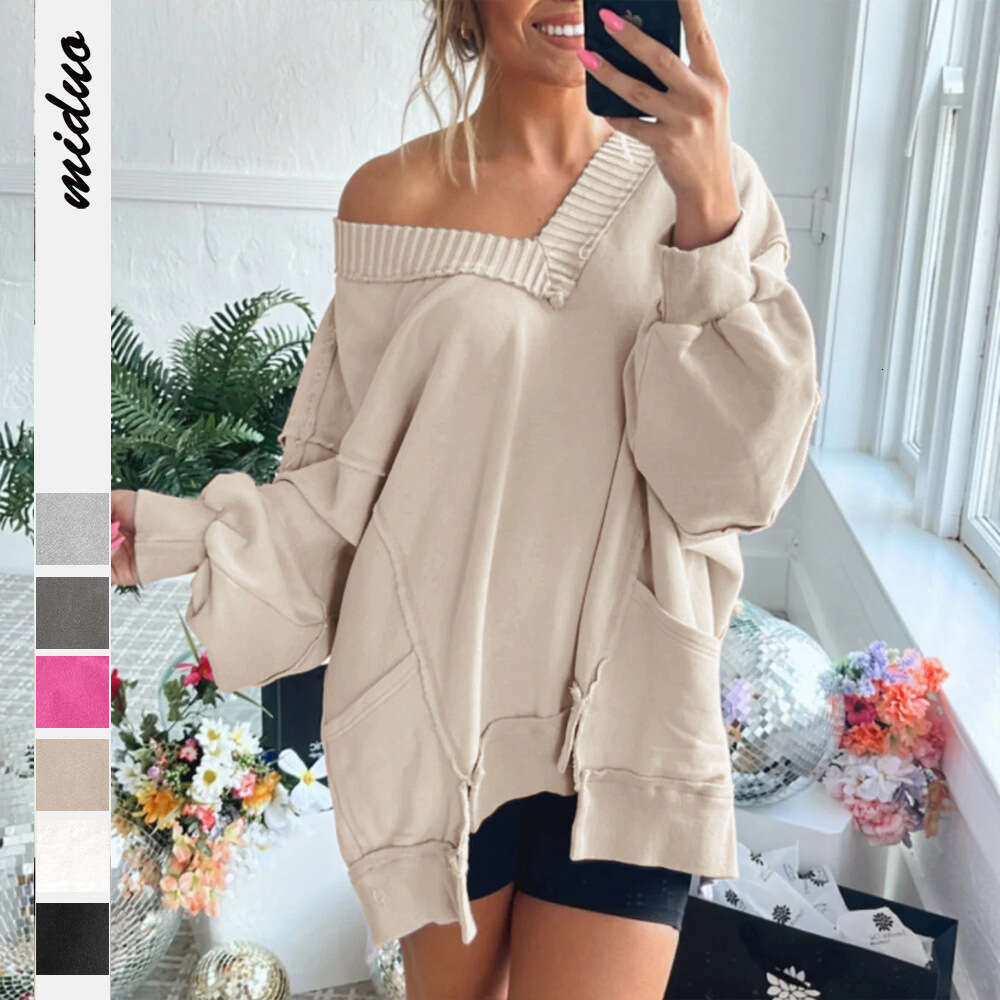 Fashion Early Autumn Women's Clothing Lantern Loose V-neck Irregular Hem Design Long Sleeve Sweatshirt for Women