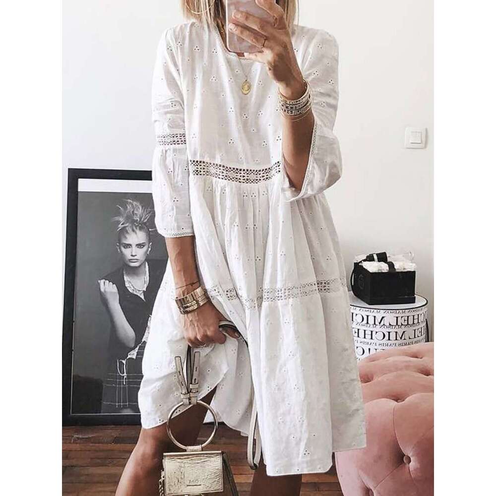 European and American Women's Lace Patchwork Hollow Embroidery Seven Quarter Sleeve Dress Plus Size Long Skirt 2025 New Casual Fashion Trend Clot