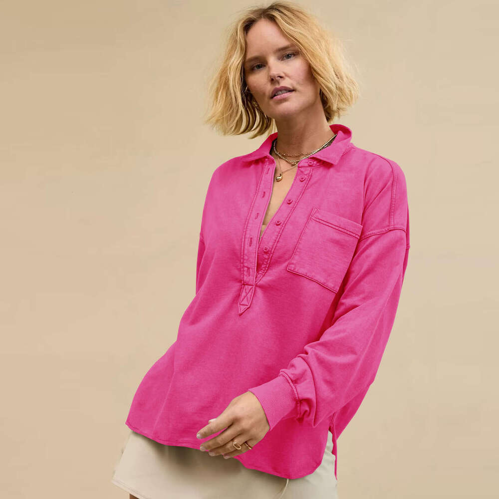 New Fashion Versatile Women's Loose Polo Collar Button Casual Long Sleeve Design Split Sweatshirt