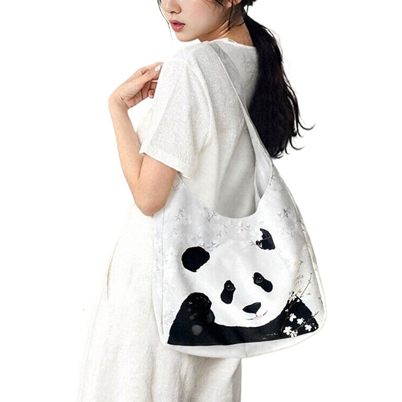 designer New Style Chinese Style Casual Floral Canvas Bag Cute Panda Tote Bag for Female Students Large Capacity Shoulder Bag for Class