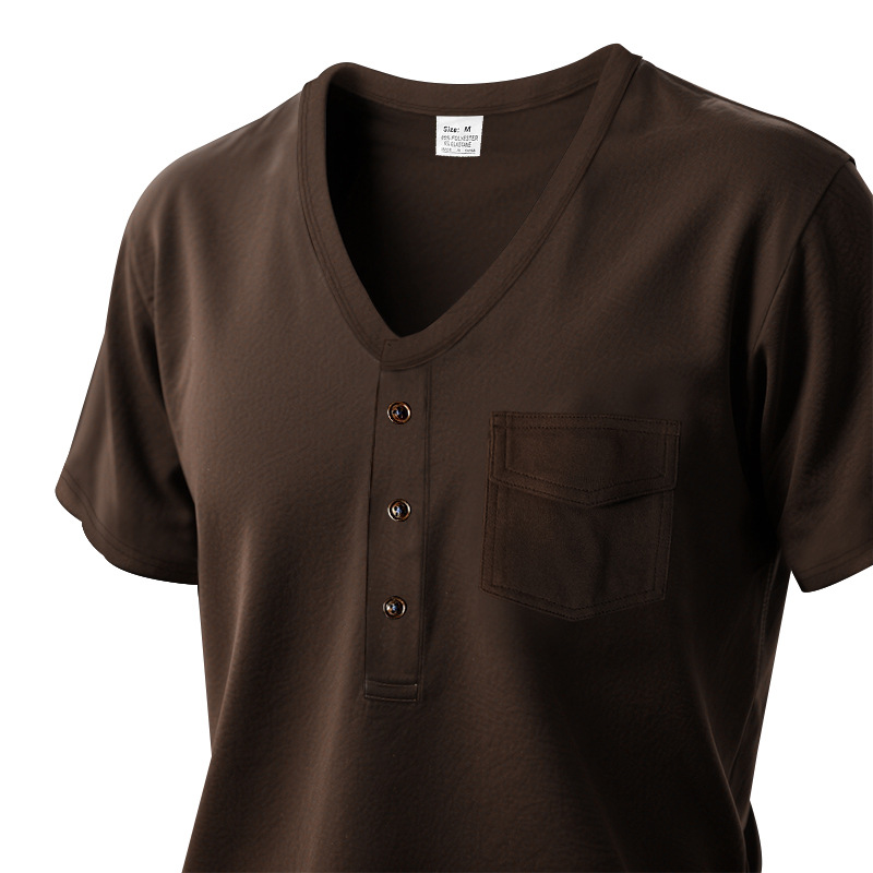 polo shirt Mens Summer Loose Fit Henley Shirt Pocket Short Sleeve T Shirt Deep V Neck t shirt