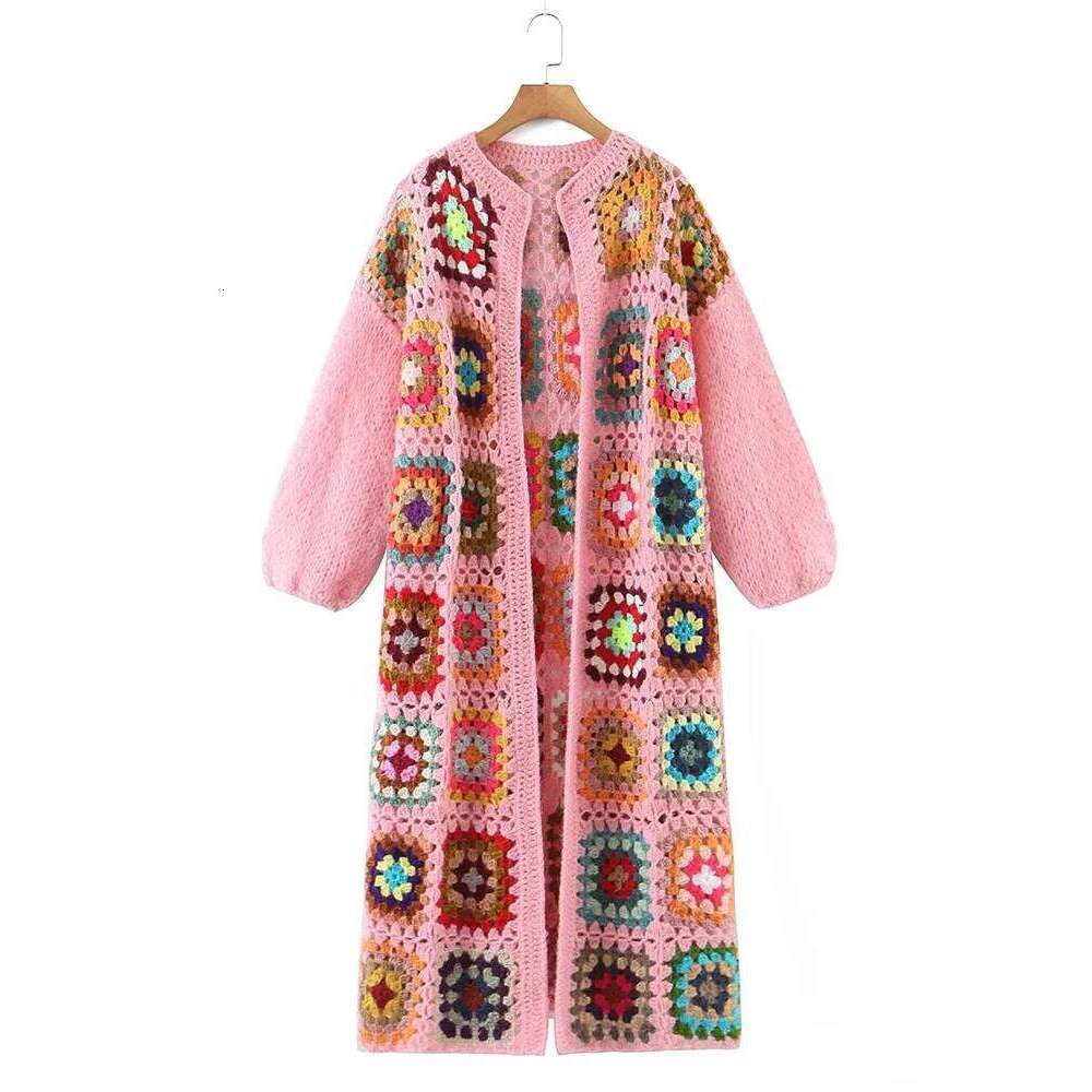 Gypsylady Handmade Kintted Long Multicolor Crochet Women Winter Cardigan Gray Pink Sweater Outerwear Coat