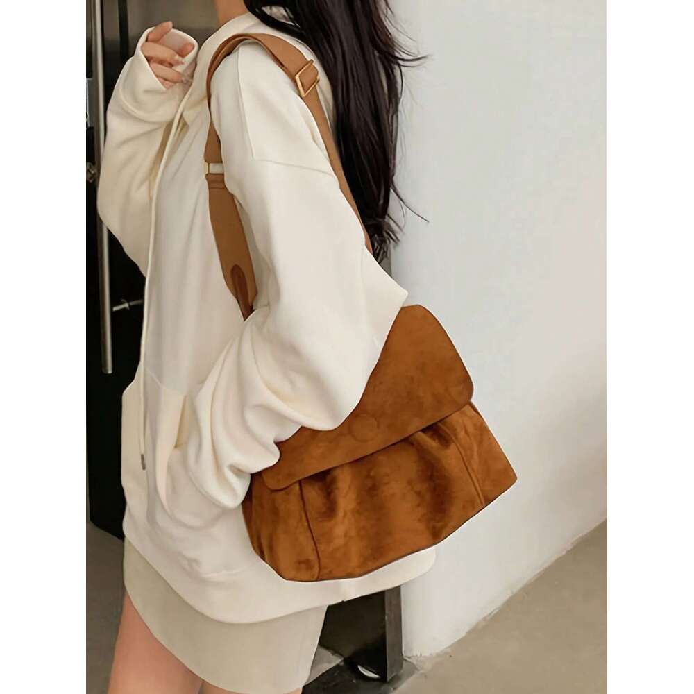 Retro Brown Veet Crossbody Bag, Large-Capacity Suede Soft Messenger Shoulder Women's Bag