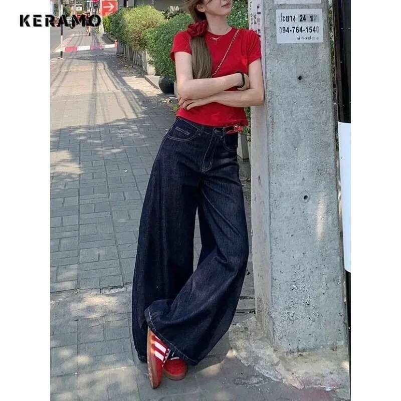 Women's Y2k Solid Color Denim Trouser Washed Vintage Casual Classic Emo Pants Female Grunge Waist High Street Retro Jeans