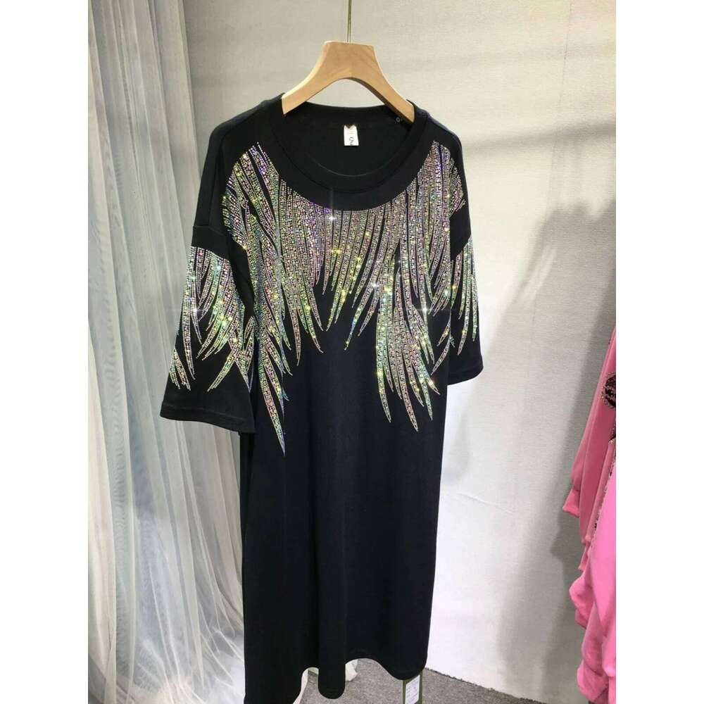Rhinestone Brand Tshirt Dresses for Women New Elegant Evening Party Short Sleeve Loose Fit Y2K Womens Plus Size Clothing