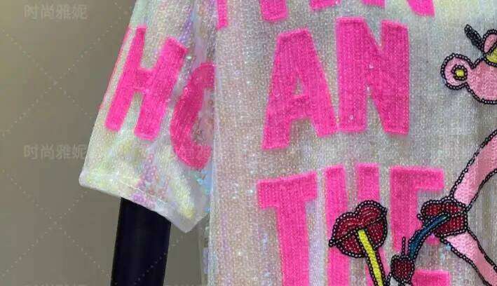 2025 Summer Women's Hip Hop Cartoon Print Loose Sequined Tops Y2k Short Sleeve Round Neck Night Club Long T-shirt Women