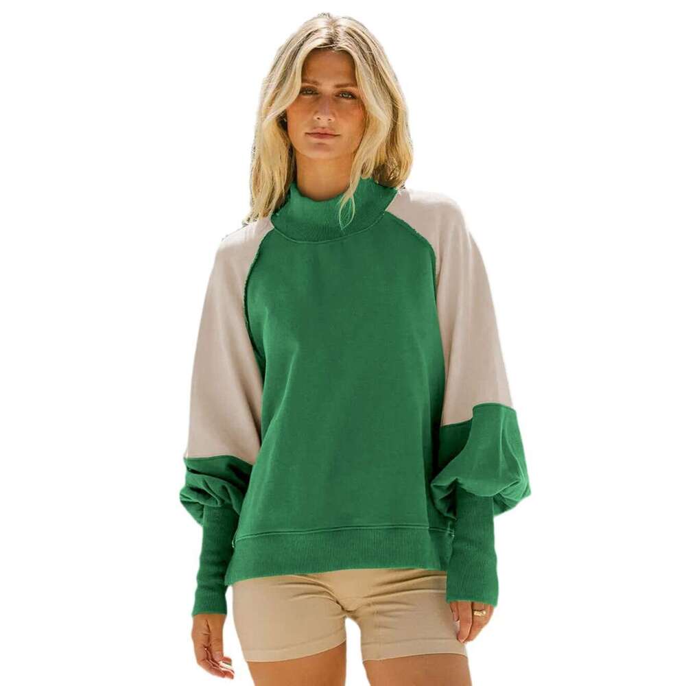 Hot Selling Women's Clothing Color-Block Design Lantern Half-High Collar Long Sleeve Sweatshirt Casual Commuter Women