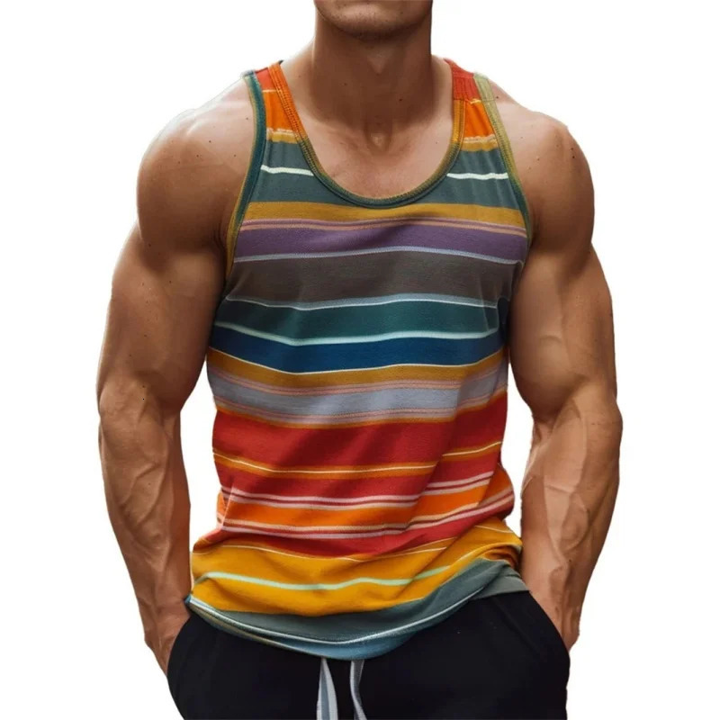 3D Printed Colorful Stripes Tank Tops For Man Gradient Pattern Tees Summer Casual Fashion Vest Oversized Sports Street Top 250527