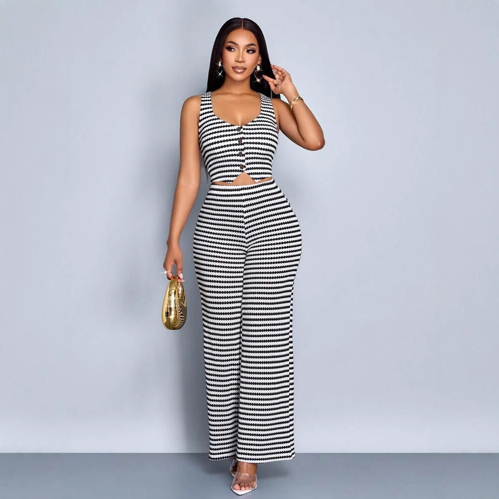 Designer T Shirt New Fashion Women S Clothing Fashion Personality Striped Print Sleeveless Vest Top Loose Wide Leg Pants Set Essentials Summer Dress