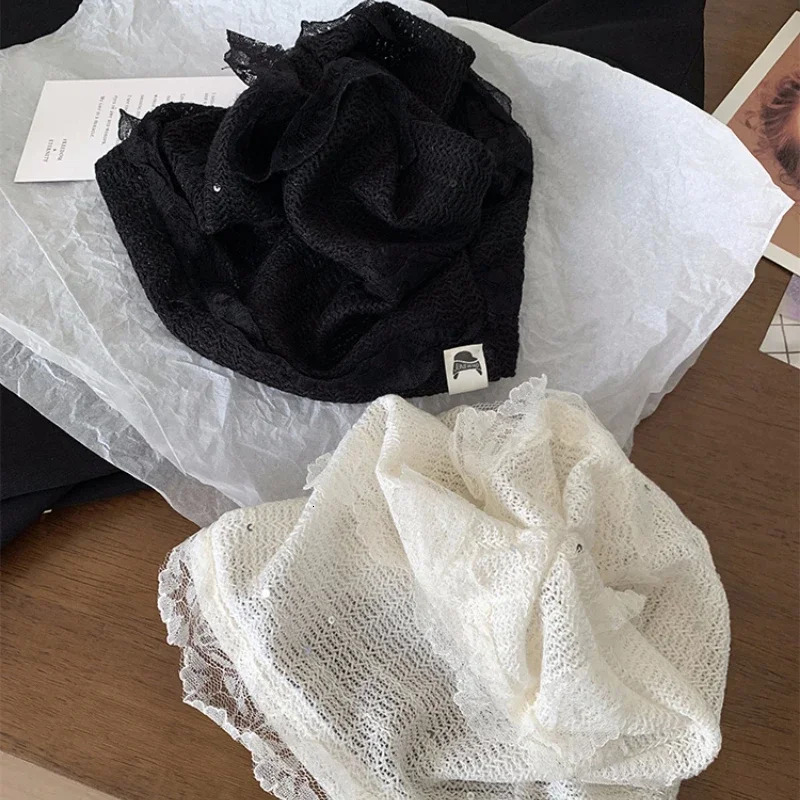 Korean Lace Hollow Pullover Hat Spring and Summer Sweet Versatile Breathable Thin Big Head Skull Beanie Cap for Womens 250530