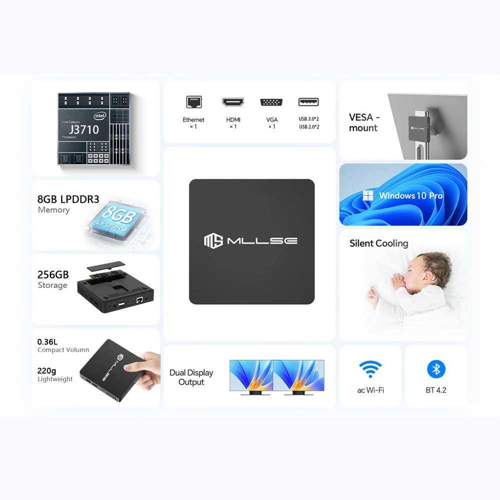 MLLSE M2 Pro Mini PC Intel Celeron J3710 CPU 8G RAM 256G ROM compatible+VGA USB3.0 Win10Pro Desktop Portable WiFi BT 4.2 X250602