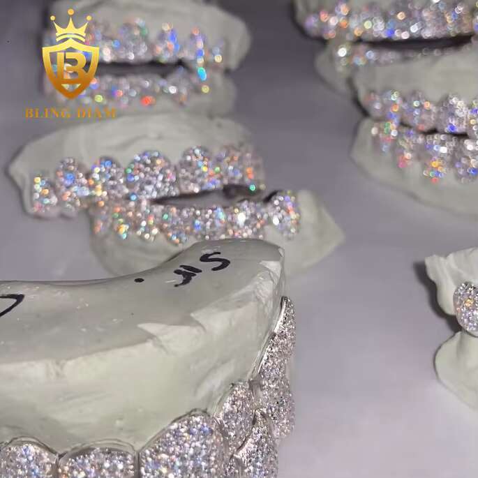 Custom Hip Hop Jewelry 8 TOP and 8 Bottom Moissanite Grillz 925 Silver Iced Out Rapper Grillz Pass Diamond Tester