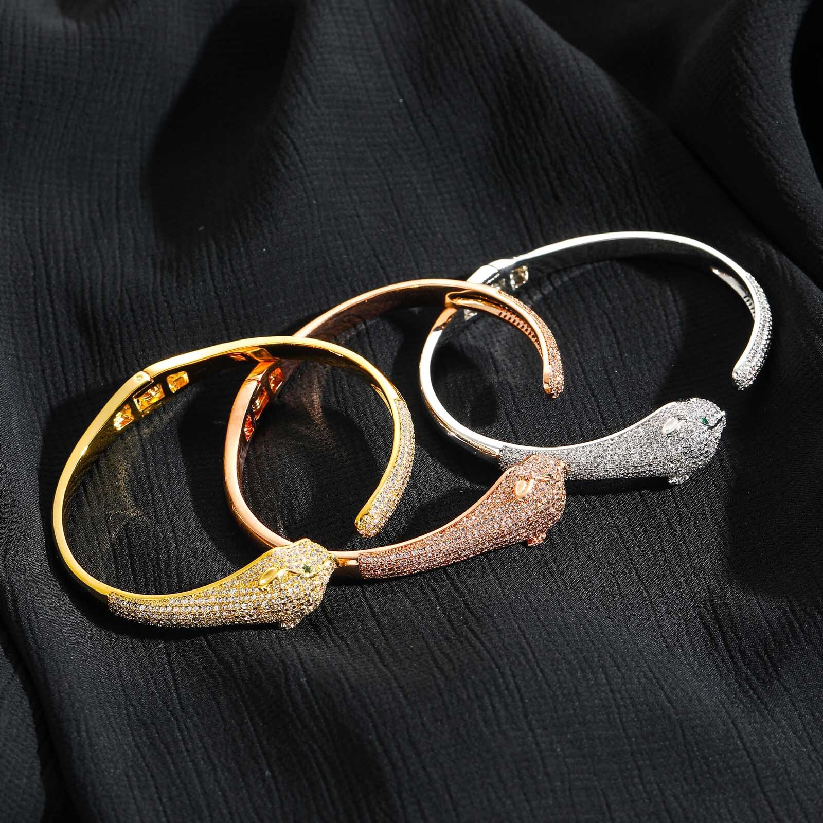 Meisa New Leopard Bracelet Copper Inlaid Moissanite Male and Female Hip Hop Leopard Head Bracelet High end Fashion Bracelet moissanite