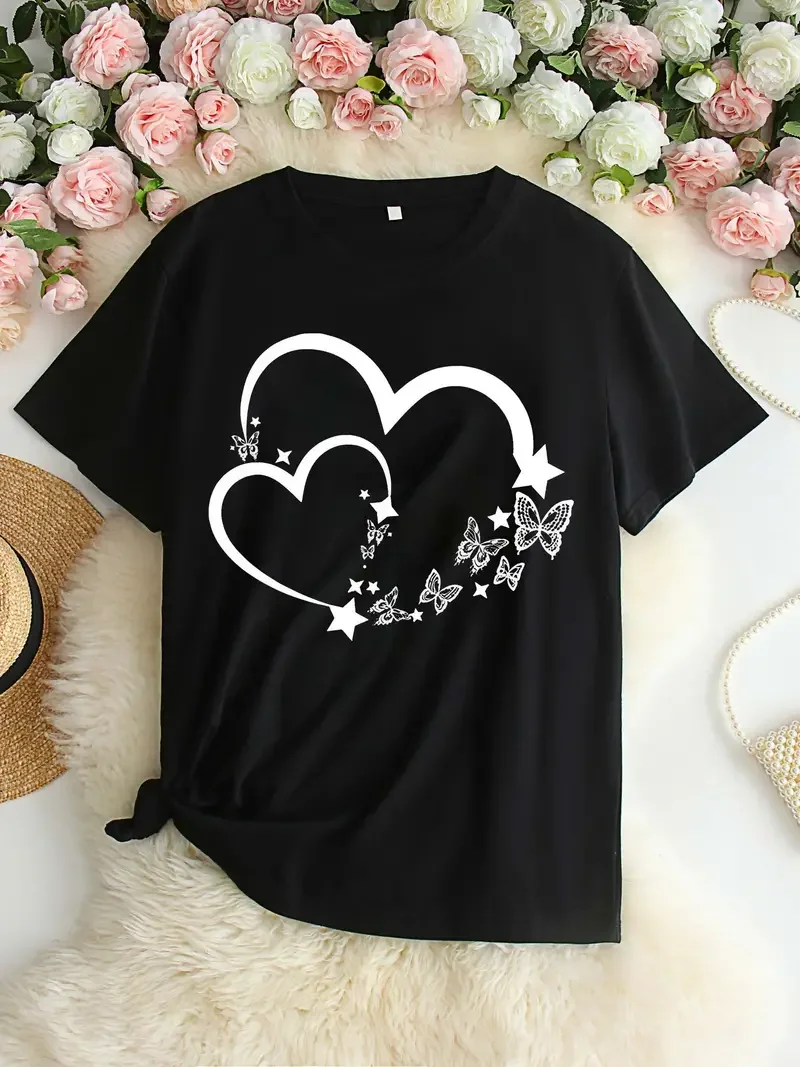 Plus Size Leopard Heart Print Designer T-Shirt Casual Crew Neck Short Sleeve T-Shirt Women's Plus Size Clothing 100% Cotton Sexy Female Tops
