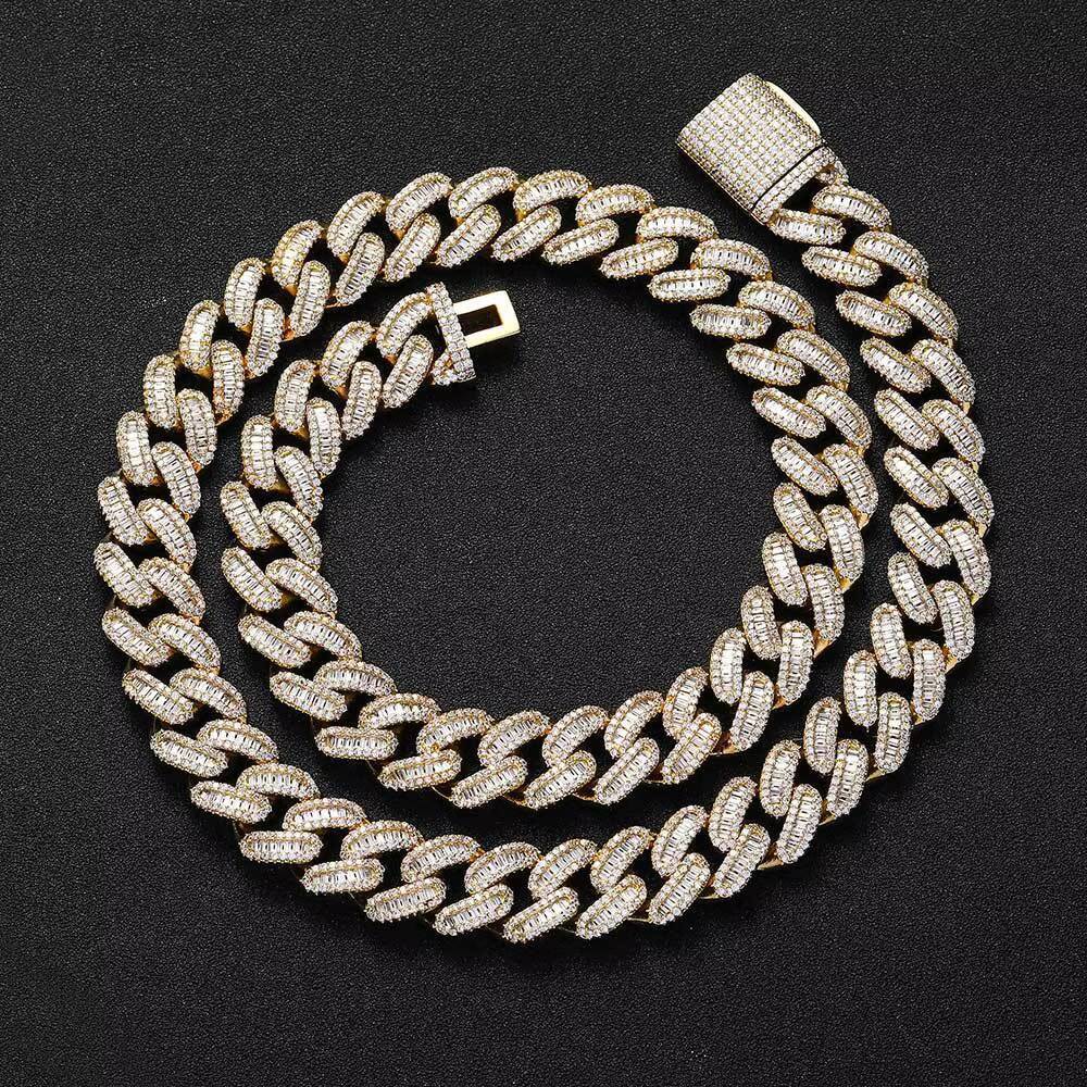 Men 15mm Box Button Miami Cuban Jewelry Frozen Full CZBaguette Necklace Chain