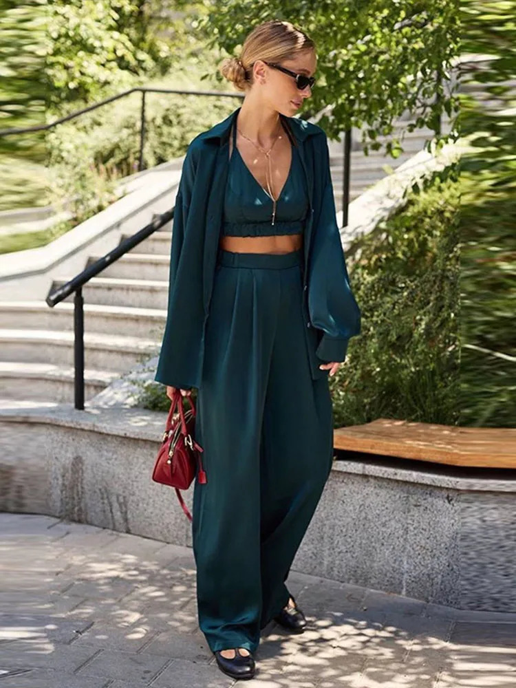 Elegant Silk Shirt Bra Pants Sets 3 Pieces Women Casual Single Breasted Lapel Loose Shirts Corset Straight Trousers Suits Female 250530