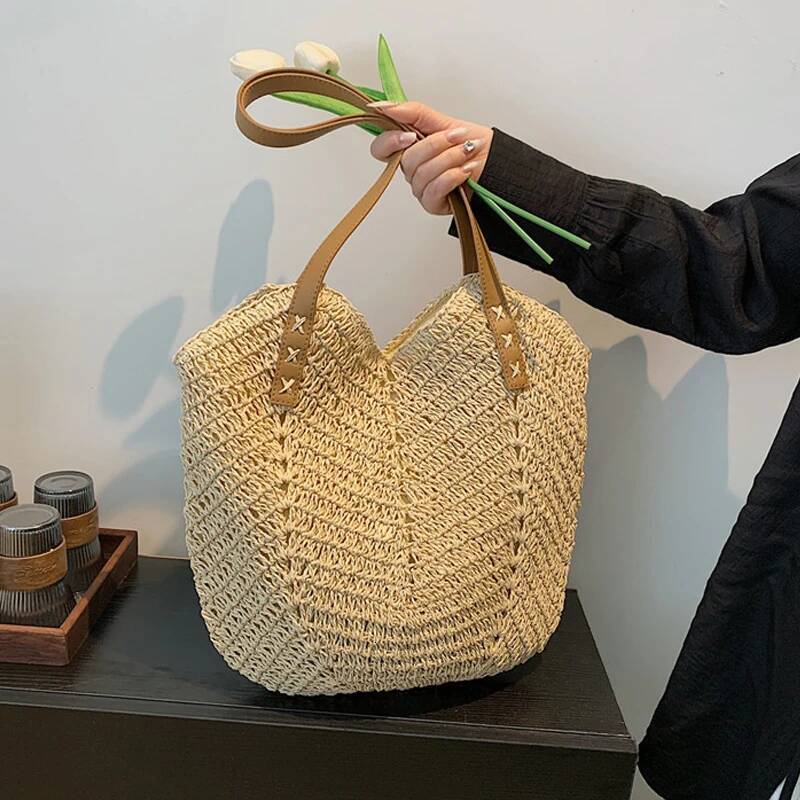 2025 New Handmade Fashion Straw Women's Shoulder Bag with Bow Scarf Suitable for Travel Beach Designers, Girls' Shopping Bag, Female Style