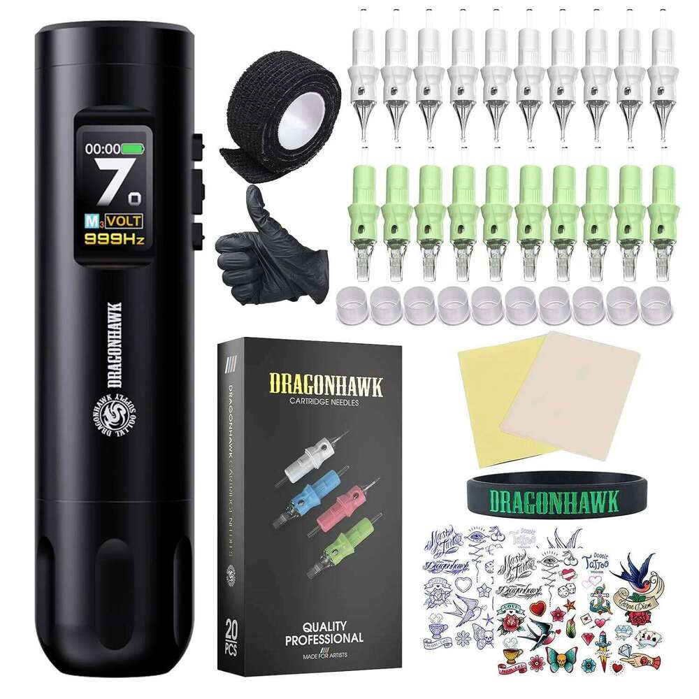 Dragonhawk X7 Gun Pen Hine Wireless Rotary Complete Tattoo Kit Smart Display 2 Batteries 1,800Mah