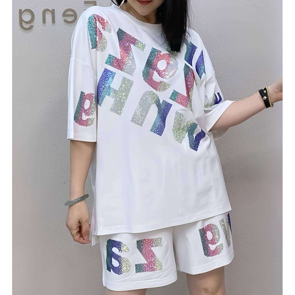 Oversized summer short-sleeved T-shirt and shorts casual set, Rhinestone wide-leg pants two-piece women's set