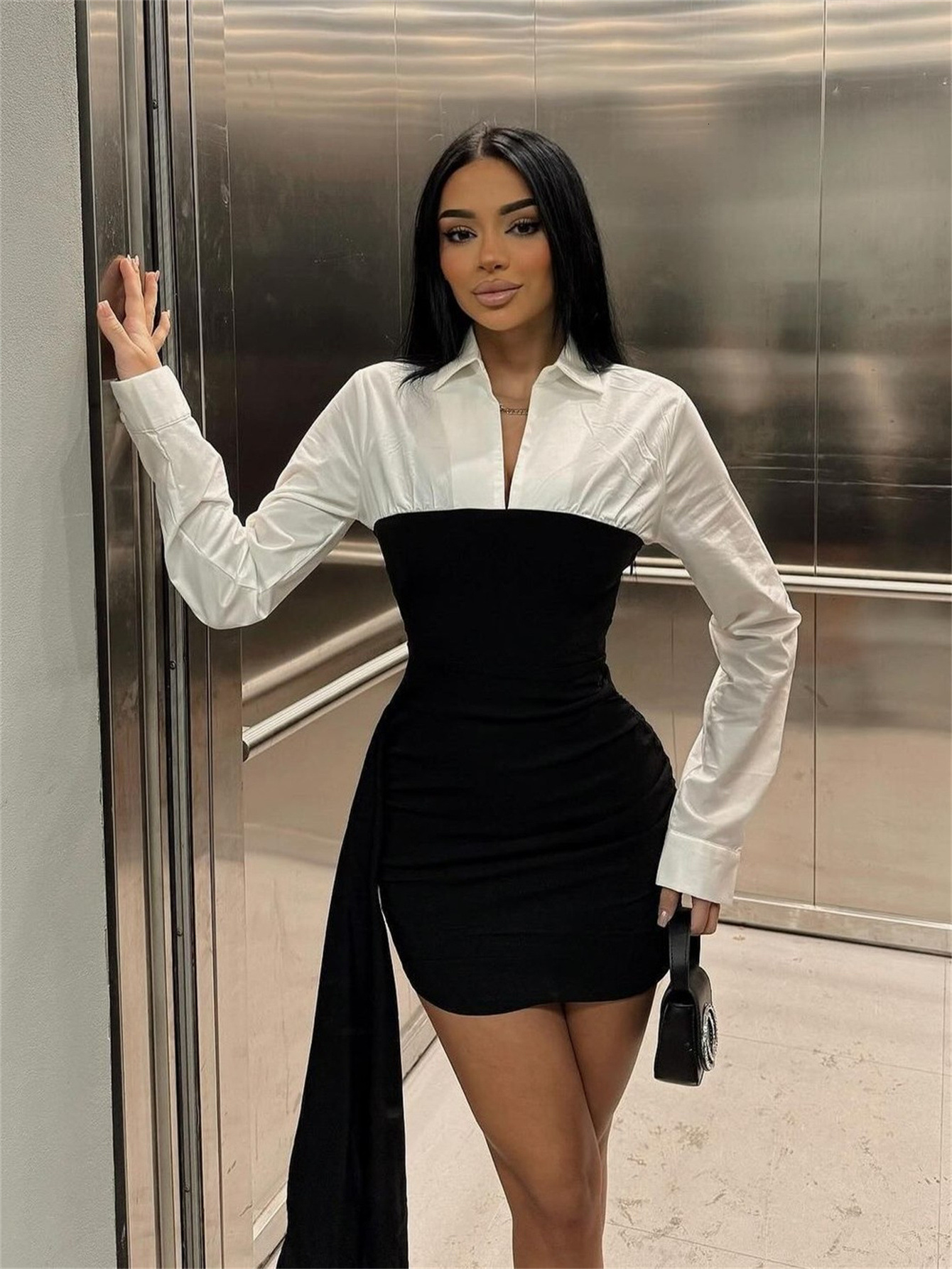 Designer T Shirt Autumn New Fashion Sexy White Collar Elegant Color Block Turn Down Collar Dress For Women Essentials Summer Dress