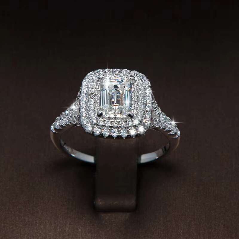 With GRA Certificate S925 Sterling Silver 5*7mm 1ct Emerald Cut Moissanite Ring for Women Engagement Wedding Band