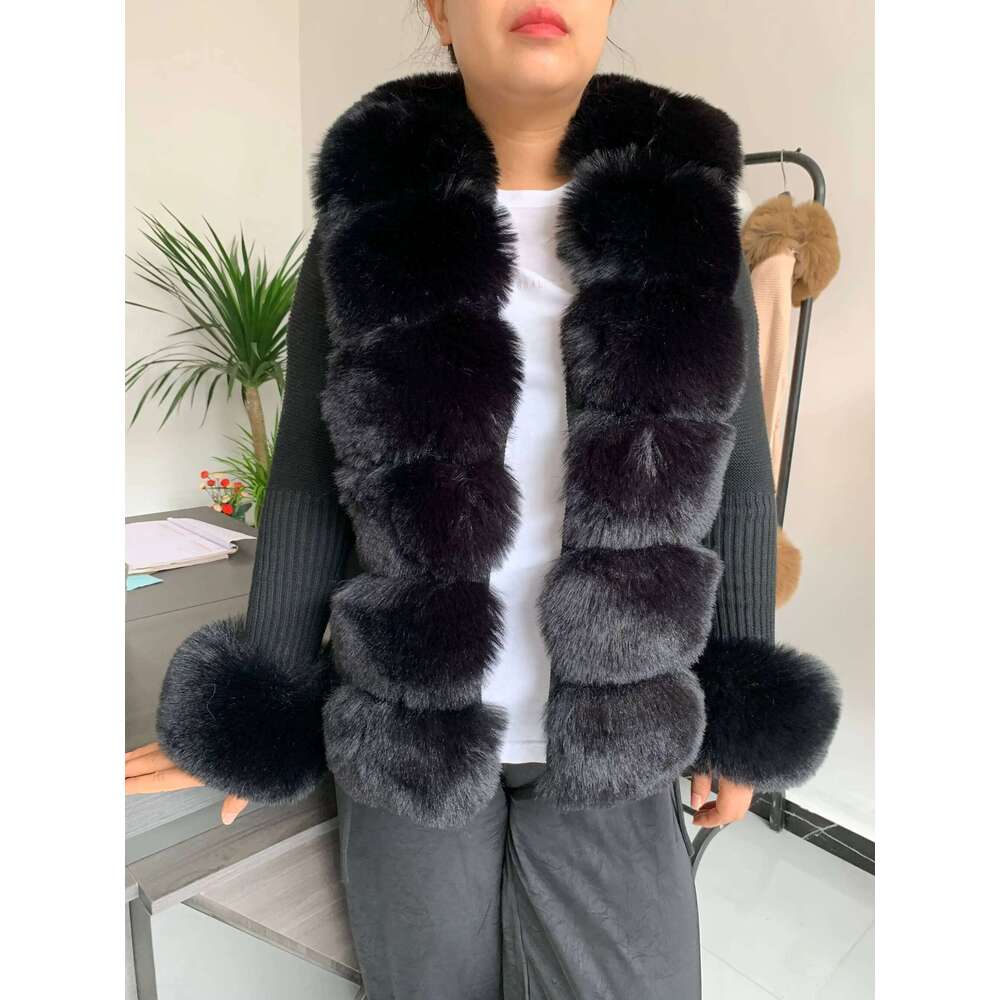 Women Faux Fur Knit Sweater Cardigan Spring Autumn Elegant Knitted Sweater With Faux Fox Collar Ladies Fashion Coat Fur Coat