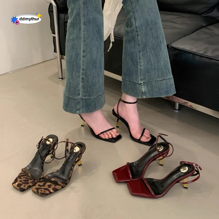 2025 Summer New Black Patent Leather One-Strap Square High Heels Women's Stiletto Sandals Versatile Gold Heel Open Toe ddmythur