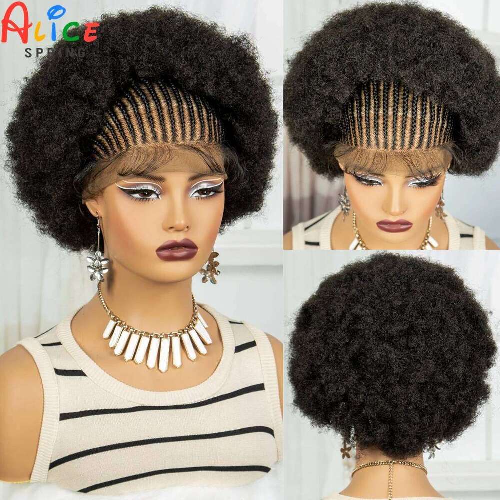 6Inch Natural Afro Kinky Curly Synthetic Braided with Baby Hair Transparent Lace Front Cornrow Braids Wigs for Black Women