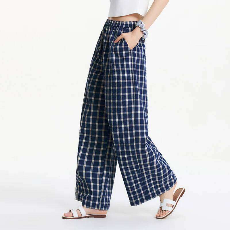 Semir Textured Plaid Wide Leg Women Instagram Trendy 2025 Summer New Vintage Long Pants For Relaxed Style