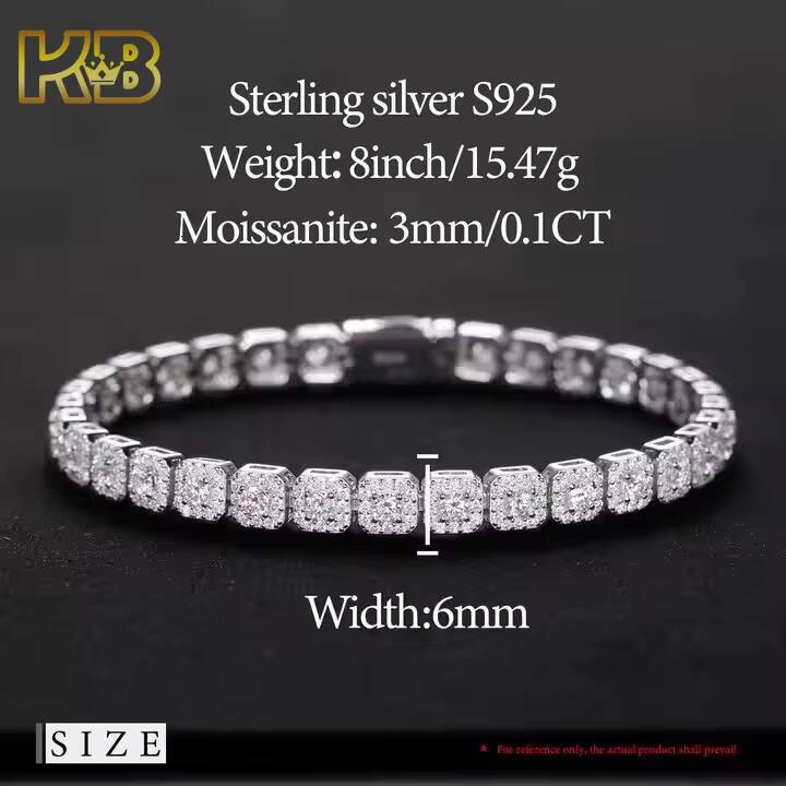 6mm Moissanite Men's Tennis Bracelet Sterling Sier Electroplated Shiny Halo Hip Hop Jewelry Wedding Anniversary Gift